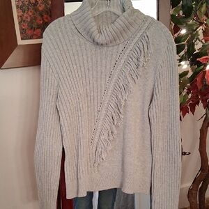 DKNY Light Gray Fringe Turtleneck Sweater